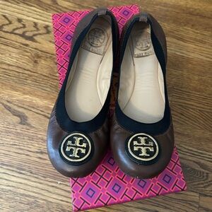 Tory Burch Brown Leather Ballet Flats with Black Trim and Gold Logo